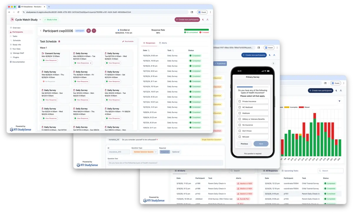 Screens showing the participant view, survey builder, and overview in the StudySense dashboard