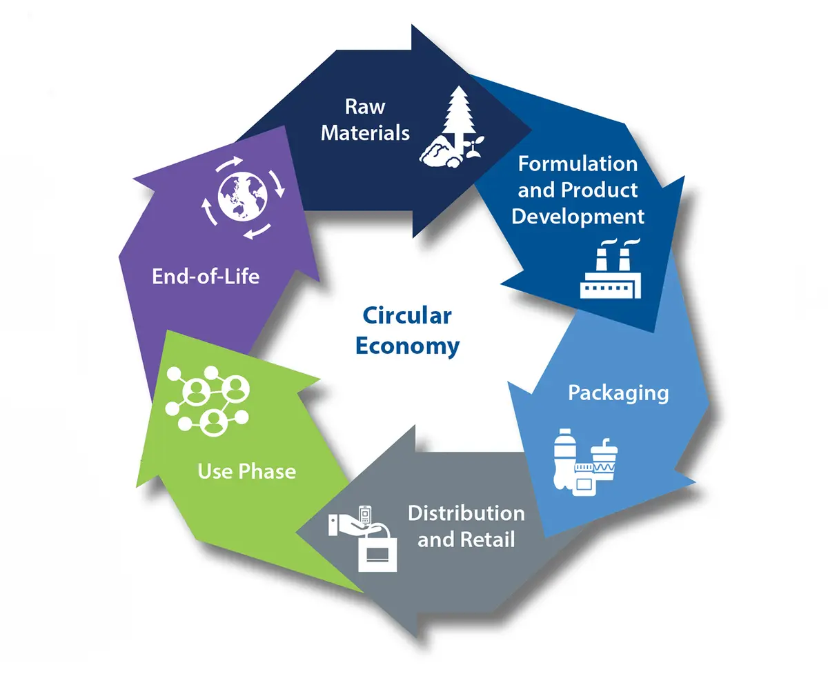 Graphic shows the phases of the circular economy, from raw materials to end of life.