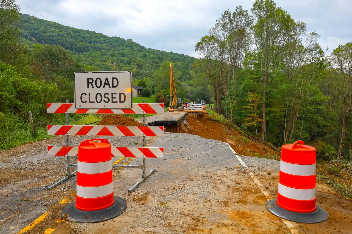 Road closed sign due to flood damage