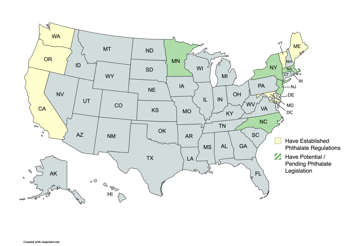 Map of the U.S. highlighting established phthlate regulations and potential pending phthalate legislation