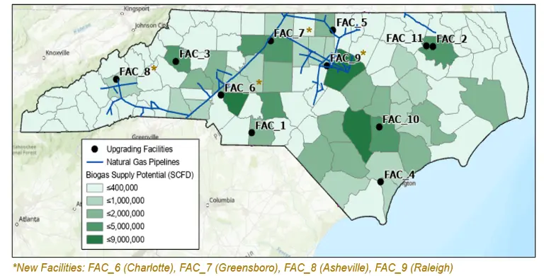 A map showing North Carolina's existing natural gas infrastructure along with potential sources of biogas.