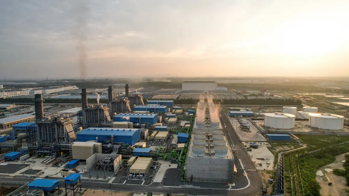Aerial view of a cogeneration power plant  supplying electricity and stream.