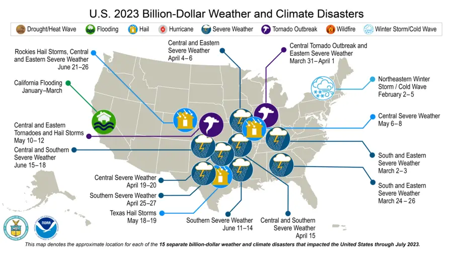 U.S. map showing the types and locations of billion-dollar weather disasters in 2021