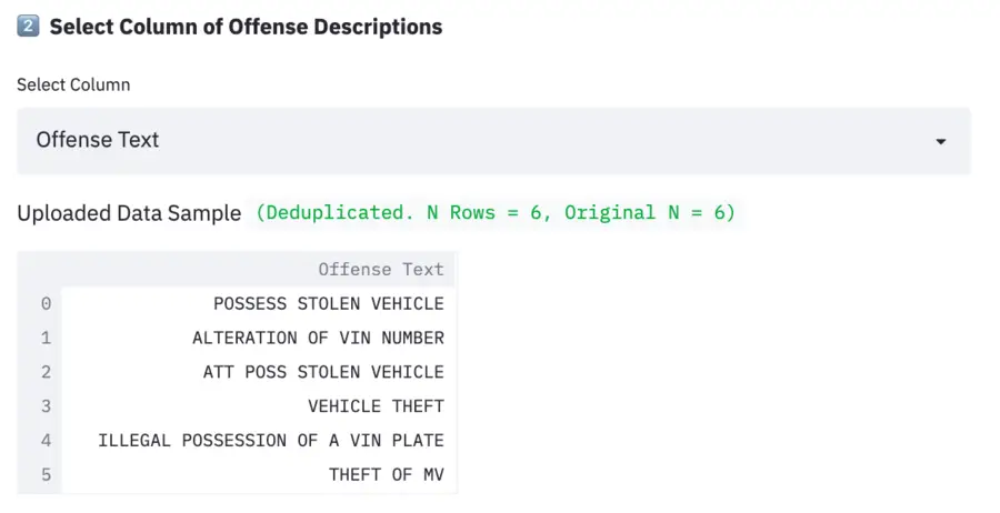 Screen shot of offense descriptions from RTI's ROTA tool for criminal justice research.