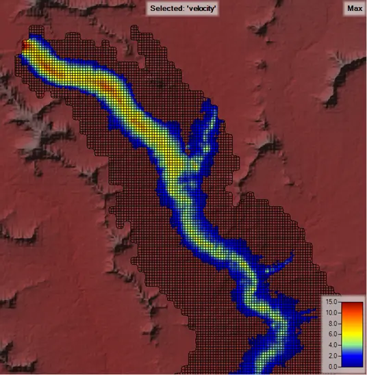 Sample breach domain and peak velocities from a dam breach