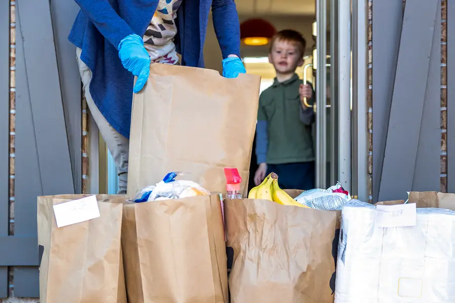 A delivery person brings bags of groceries to a family's front steps, while a boy watches from inside the door.