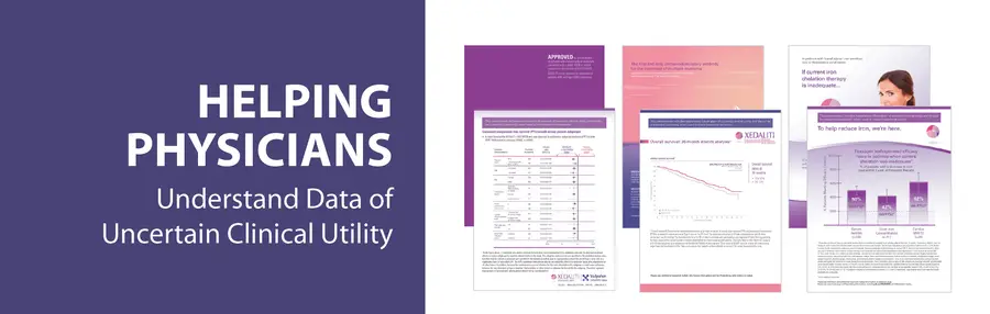 Graphic with phrase "Helping Physicians Understand Data of Uncertain Clinical Utility" and charts