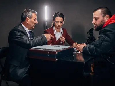 Detectives talking to person at an interview or interrogation table