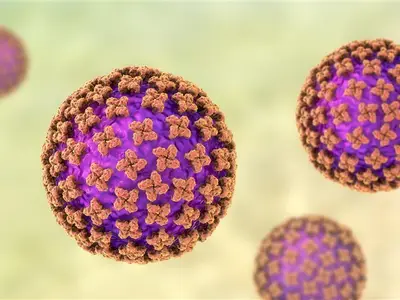 Microscopic image of virus that is colorful with orange and purple colors