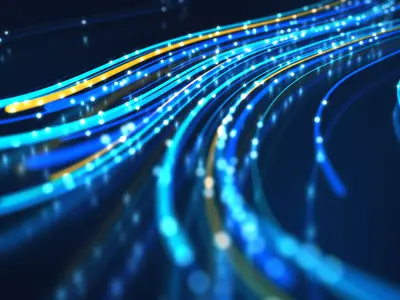 Abstract blue and yellow graphic that visualizes data speed and network