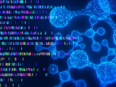 Image of genome sequencing data analysis and a glowing particle molecular structure on black background.