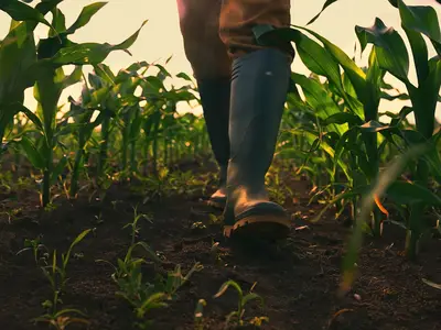 Person wearing rubber boots walking in corn field. Corn plants are short, approximately one or two feet off the ground