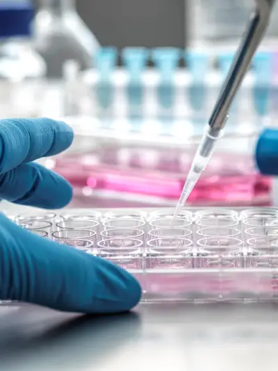 Close up photo of a scientist pipetting liquid into tubes 