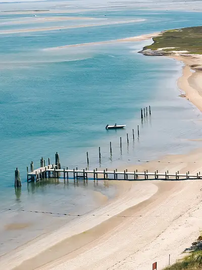 OBX, NC coastline. Blue water with shore and dock