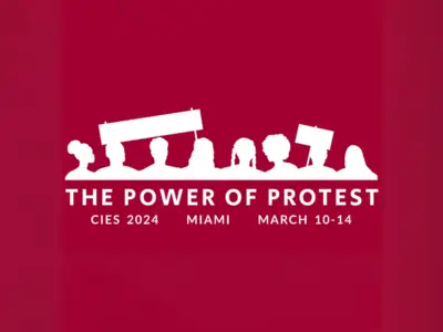 A red and white graphic with people holding signs. Graphic reads "The Power of Protest"