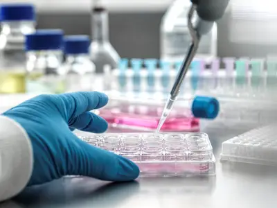 Close up photo of a scientist's hands pipetting liquid in a lab