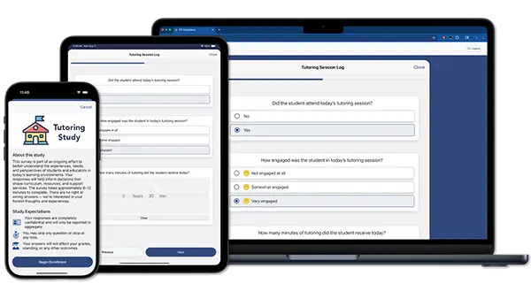 StudySense surveys on a laptop, iPad, and iPhone
