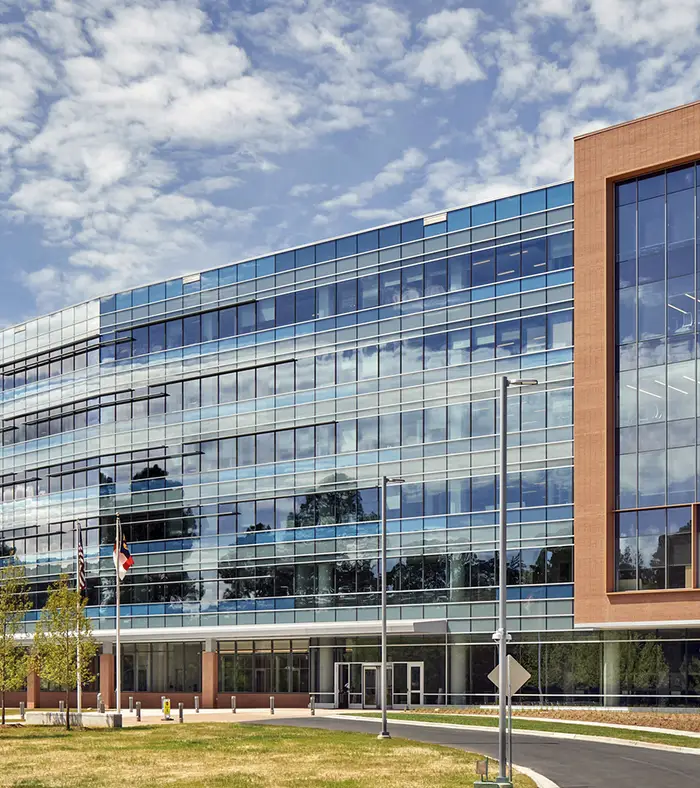 An exterior image of the flagship Horizon building at RTI's headquarters in Research Triangle Park.