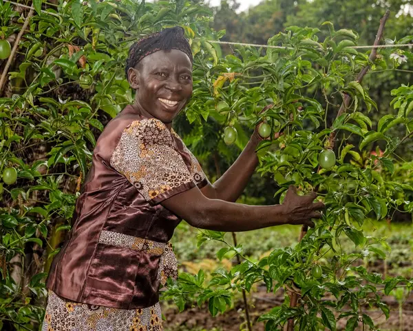 Photo of a Kenyan farmer smiling by her crops