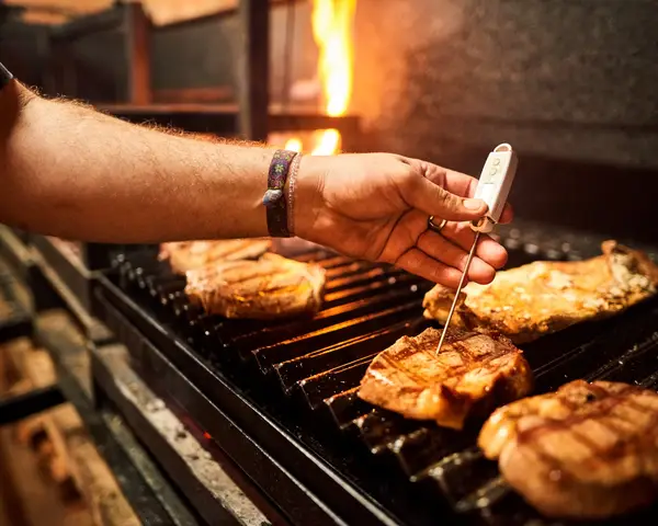 Placing meat thermometer in pork chop on the grill 