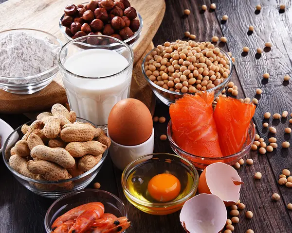 A display of common food allergens, such as peanuts, soybeans, and shellfish