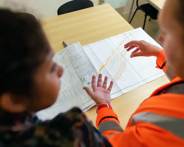Two engineers discussing a blueprint
