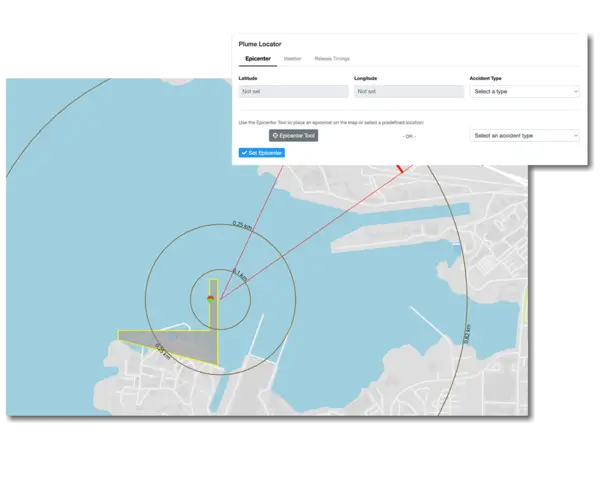 Screenshots from Nu-PathNET, showing the dialog box for the plume locator feature and the corresponding map for the located plume.