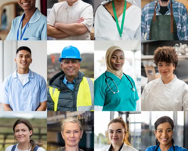 A collage of portraits of men and women wearing different work uniforms, such as scrubs or a chef's coat.