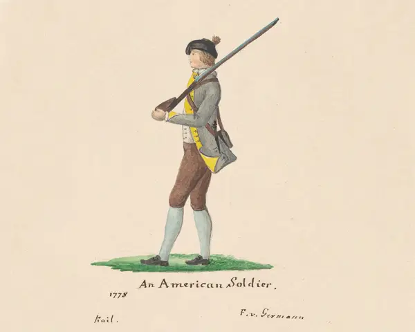 Illustration of an American Revolutionary War soldier, dated 1778. The soldier is depicted in profile facing left, carrying a musket over his shoulder. He wears a gray coat with yellow facings, a white waistcoat, brown breeches, white stockings, and a black hat with a red or brown pompom.