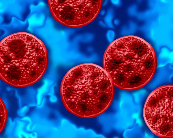 A color-enhanced image of the cyclospora parasite as shown through a microscope