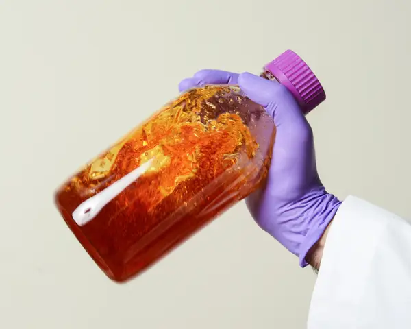 orange solution in plastic bottle held by hand with purple glove on and arm with lab coat