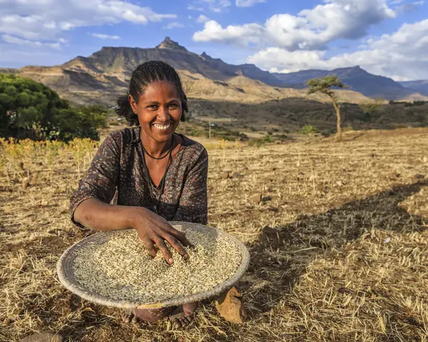 A woman sifting grains outdoors in a dry field with mountainous landscape in the background.