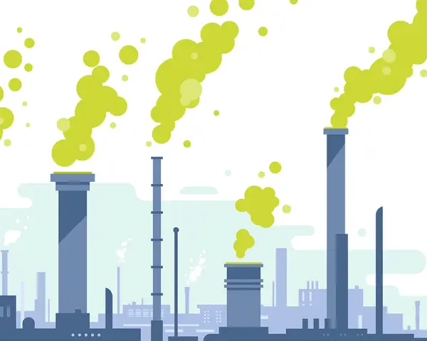 Illustration shows industrial pipes and smokestacks.