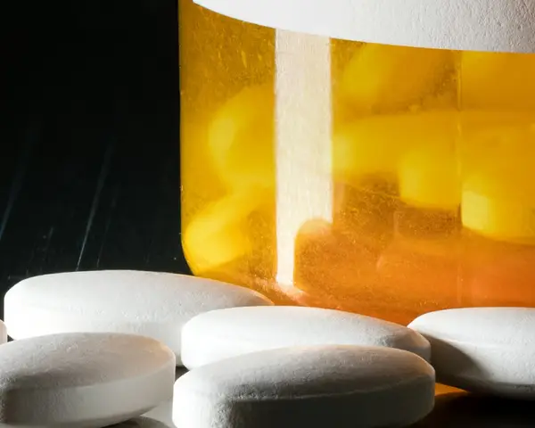 White tablets on a table in front of a prescription bottle. 