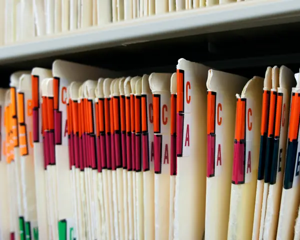 A row of alphabetized medical records on a shelf