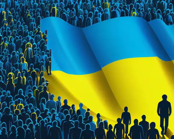 Illustration of a blue and yellow crowd of Ukrainians surrounding their flag.