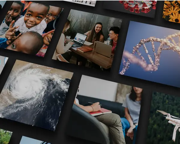 A collage of diverse images showcases healthcare, nature, technology, and human connection.