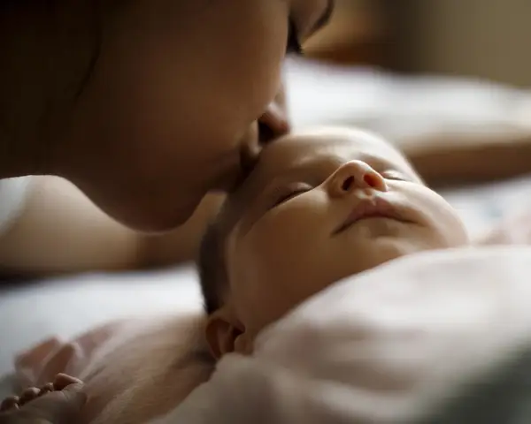 A mother kisses a sleeping baby.