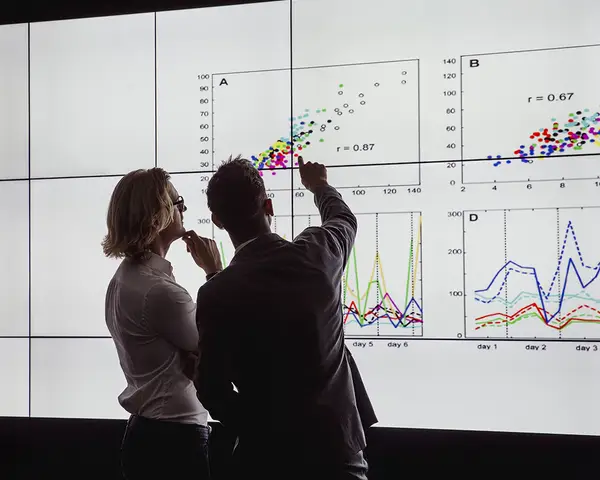 People reviewing data on a wall-sized chart.