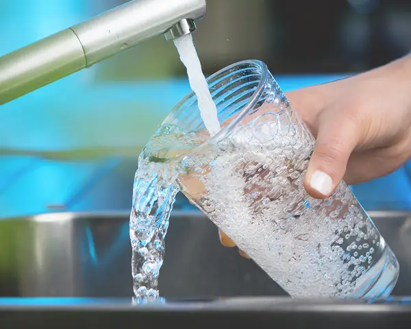 Closeup of someone filling a glass of water from a faucet.