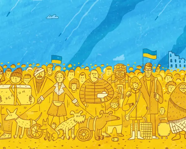 Illustration of a diverse crowd of Ukrainians facing the viewer. The people are yellow against the blue sky, forming a Ukrainian flag.
