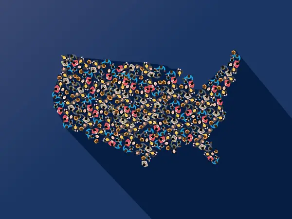 USA map silhouette formed by diverse people heads; blue background.