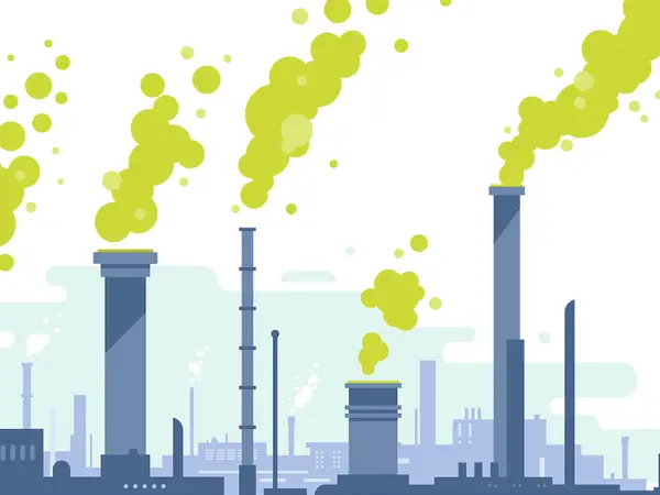 Illustration shows industrial pipes and smokestacks.