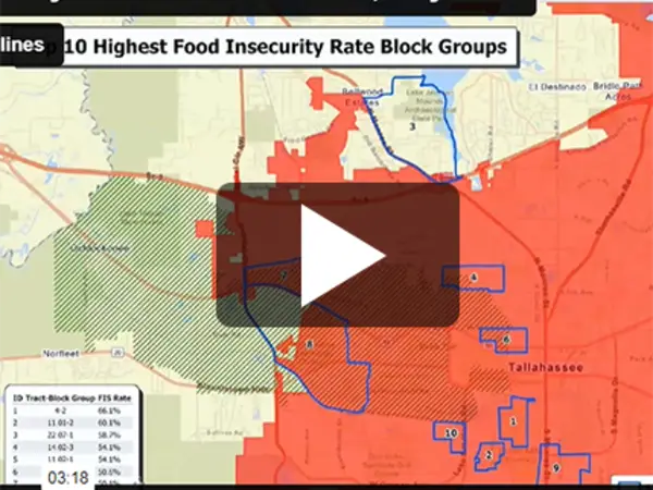 Map identifying areas with highest food insecurity rates, highlighting block groups in red, numbered 1-10.