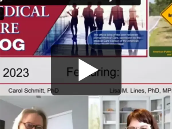 Two women discuss healthcare on a video call, banner text: "MEDICAL CARE BLOG," date, featuring names.