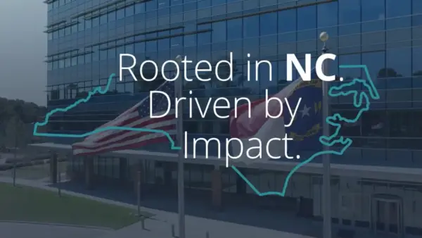North Carolina state graphic overlaying the Holden Building at RTI's headquarters
